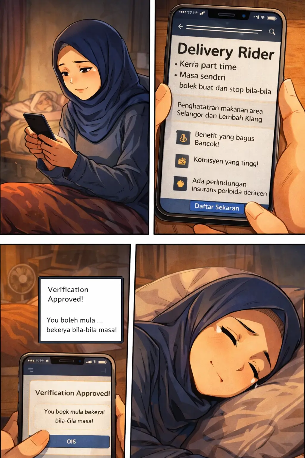 Putri mencari kerja di telefon pada waktu malam
