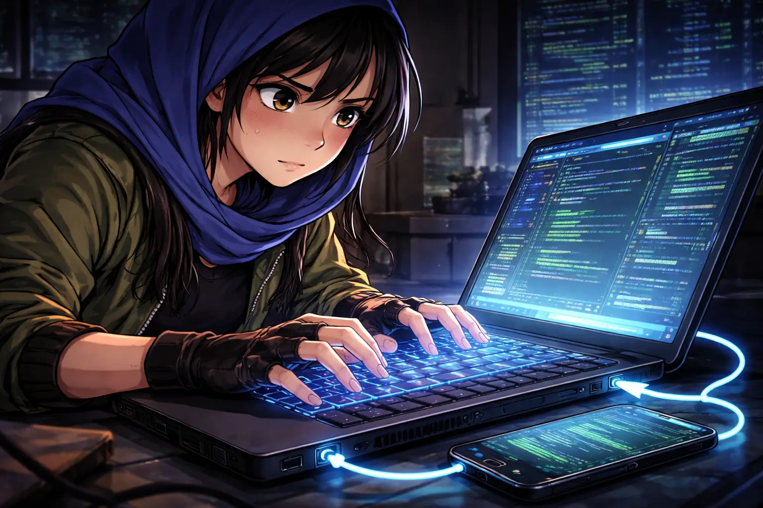 Putri menyambung telefon ke laptop
