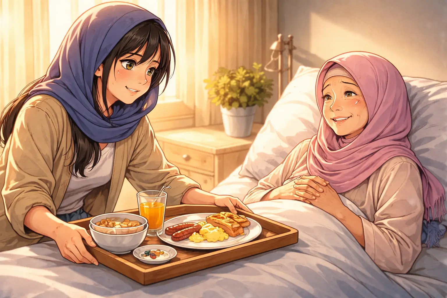 Putri menyediakan sarapan untuk ibu